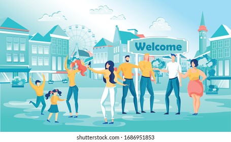 Cartoon Group in Volunteer Uniform Welcome People at Outdoor Event. Woman Take Picture with Mobile Phone. Adult and Children Volunteering. Sport Cultural Event Organization, Preparation Help