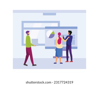 Cartoon group of workers analyze graphs on monitor. Multicultural team. Colleagues in office. Coworking center. Business people. Brainstorming ideas. Vector
