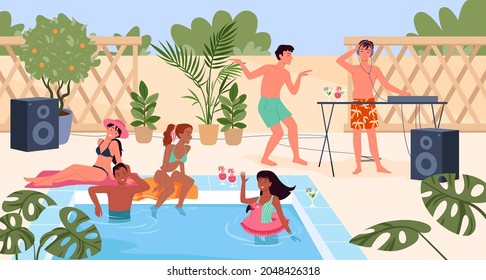 Cartoon group of young man woman characters in swimsuit listen to fun music, girls in bikini swimming in water, summertime vacation background. Summer pool party with people