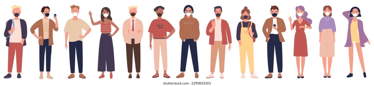 Cartoon group of young man and woman students in casual clothes and respirators standing, couple and single person isolated on white. People in medical masks set vector illustration