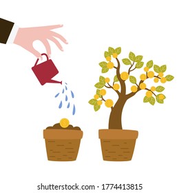 Cartoon growing money tree. Business concept. Vector illustration. 