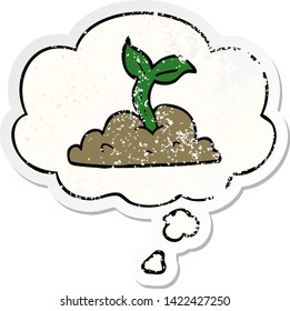 cartoon growing seedling with thought bubble as a distressed worn sticker