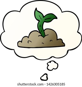 cartoon growing seedling with thought bubble in smooth gradient style