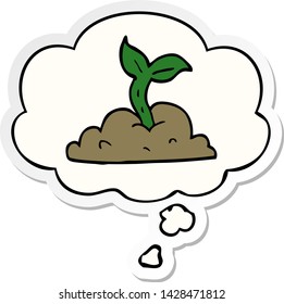 cartoon growing seedling with thought bubble as a printed sticker
