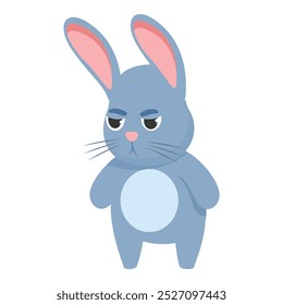 Cartoon rabbit azul ranzinza franzindo a testa com os braços cruzados, uma ilustração fofa de emoções negativas