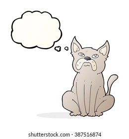 caricatura gruñón perro pequeño con burbuja de pensamiento