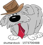 Cartoon grumpy old dog wearing a brown hat and a red tie vector illustration