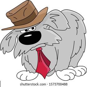 Cartoon grumpy old dog wearing a brown hat and a red tie vector illustration