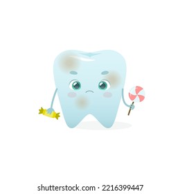 Cartoon grumpy tooth with sweets. Cute dental mascot with caries. Dental problem vector illustration for kids.