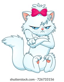 Cartoon grumpy white cat with pink bow-knot. 