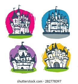 Cartoon grunge castles vector set.