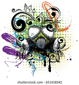 Cartoon grunge gas mask with floral ornament design illustration.