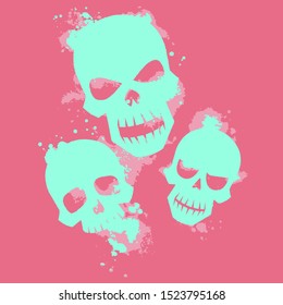 Cartoon grunge green skulls design on pink background. Vector illustration. Used for t-shirt print, poster, banner, bag print, badges and logo design.