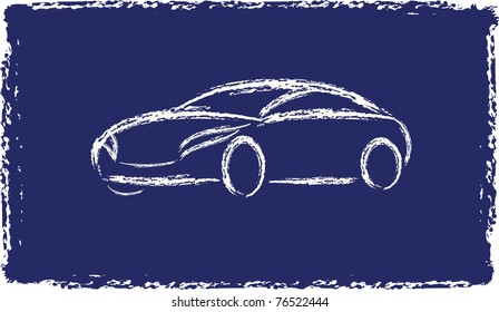 Cartoon grunge vector silhouette of a white car on a blue background