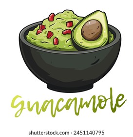 Cartoon Guacamole in a Bowl Vector Icon Isolated on White Background. Vibrant illustration of a delicious guacamole dip in a black ceramic bowl. The bright green guacamole with a red tomatoes