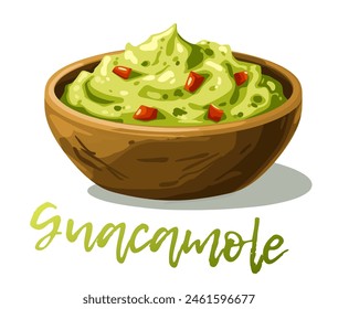 Guacamole de dibujos animados en un icono de Vector de tazón aislado sobre fondo blanco. Ilustración vibrante de un delicioso baño de guacamole en un tazón de cerámica negro. El guacamole verde brillante decorado con un tomate rojo