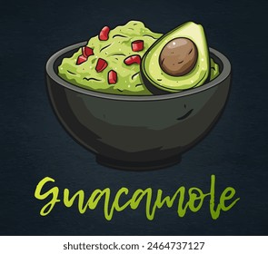 Cartoon Guacamole in a Bowl Vector Icon on Black Chalkboard. Vibrant illustration of a delicious guacamole dip in a black ceramic bowl. The bright green guacamole is garnished with a red tomato pieces