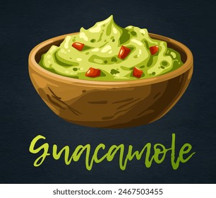 Guacamole de dibujos animados en un icono de Vector de tazón en pizarra negra. Ilustración vibrante de un delicioso baño de guacamole en un tazón de cerámica negro. El guacamole verde brillante está adornado con trozos de tomate rojo