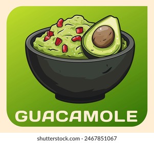 Cartoon Guacamole in a Bowl Vector Icon. Vibrant illustration of a delicious guacamole dip in a black ceramic bowl. The bright green guacamole is garnished with a red tomato pieces