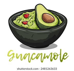 Cartoon Guacamole in a Bowl Vector Icon Isolated on White Background. Vibrant illustration of a delicious guacamole dip in a black ceramic bowl. The bright green guacamole 