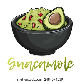 Cartoon Guacamole in a Bowl Vector Icon Isolated on White Background. Vibrant illustration of a delicious guacamole dip in a black ceramic bowl. The bright green guacamole