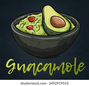 Cartoon Guacamole in a Bowl Vector Icon on Black Chalkboard. Vibrant illustration of a delicious guacamole dip in a black ceramic bowl. The bright green guacamole is garnished with a red tomato pieces