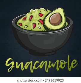 Cartoon Guacamole in a Bowl Vector Icon on Black Chalkboard. Vibrant illustration of a delicious guacamole dip in a black ceramic bowl. The bright green guacamole is garnished with a red tomato pieces