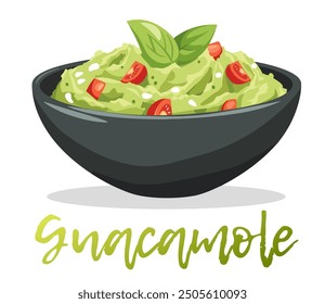 Cartoon Guacamole in a Bowl Vector Icon Isolated on White Background. Vibrant illustration of a delicious guacamole dip in a black ceramic bowl. The bright green guacamole is garnished with tometo