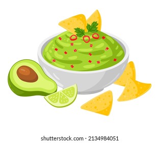 Caricatura Guacamole con verduras, ilustración vectorial, comida tradicional mexicana. Aislado sobre fondo blanco.