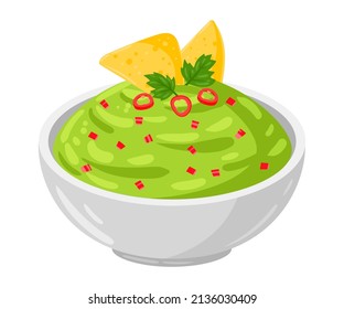 Cartoon Guacamole with vegetables, vector illustration, Mexican traditional food. Isolated on white background.