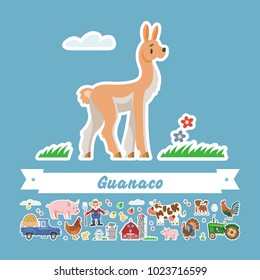 Cartoon guanaco vector flat illustration. Character isolated peru animal. Farming collection exotic rural stickers.