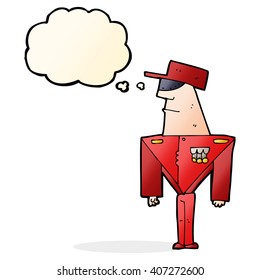 cartoon guard with thought bubble