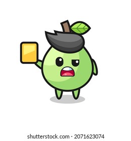 cartoon guava character as a football referee giving a yellow card , cute style design for t shirt, sticker, logo element