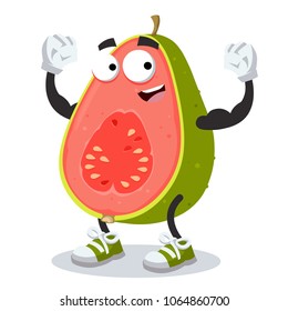 cartoon guava mascot shows its strength on a white background