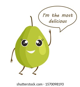 Cartoon guava saying that it is the most delicious.
Vector illustration isolated on white background. Flat style.
