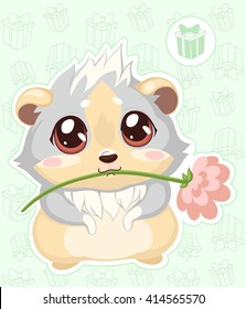 Cartoon guinea pig, color vector image on the background with gifts/Sticker cavy with a flower - emoticons icon gift, gift emoji  