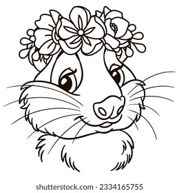 Cartoon guinea pig in floral crown. Cute baby animal nursery print