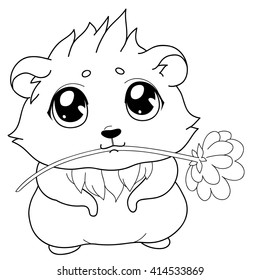 Cartoon guinea pig, line drawing, emoticon with gift, isolated on transparent background/Cavy with a flower - emoticons icon gift, gift emoji