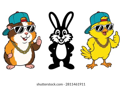Cartoon guinea pig, rabbit, and chick characters wearing caps and chains on white background