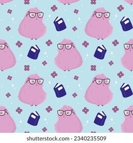 Cartoon Guinea Pig Vector, flat Illustration, seamless pattern, clipart, cute, kawaii, book lover. Kid, Child, cute design, fabric, textile, wrapping