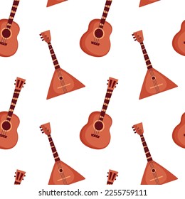 Guitarra de dibujos animados y patrón de balalaika sobre fondo blanco.