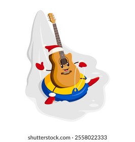 Cartoon guitar character sliding on snow during Christmas holiday. Vector string musical instrument wearing Santa hat sitting on tubing and slides joyfully on a snowy hill during winter fun activities