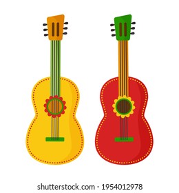 Cartoon guitar icon, musical instrument. Mexico decoration isolated on white background. Vector illustration