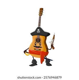 Cartoon guitar musical instrument pirate character. Corsair sailor or captain musical instrument cute personage. Filibuster skipper acoustic guitar vector character or pirate boatswain happy mascot