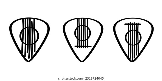 Picaretas de guitarra de desenhos animados ou plectro com notas-chave de música. Palheta de guitarra para violão acústico e onda de notas.  Guitar pick logotipo plástico, instrumentos musicais, estúdio de gravação, etiqueta. Notas musicais empalhadas.