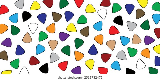 Picaretas de guitarra de desenhos animados ou plectro com notas-chave de música. Palheta de guitarra para violão acústico e onda de notas.  Guitar pick logotipo plástico, instrumentos musicais, estúdio de gravação, etiqueta. Notas musicais empalhadas.