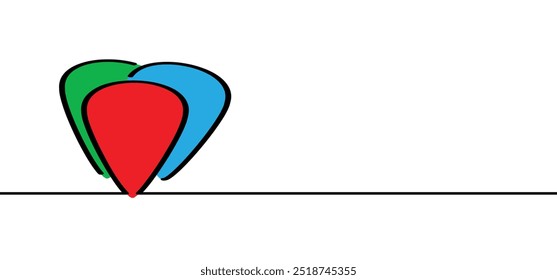 Picaretas de guitarra de desenhos animados ou plectro com notas-chave de música. Palheta de guitarra para violão acústico e onda de notas.  Guitar pick logotipo plástico, instrumentos musicais, estúdio de gravação, etiqueta. Notas musicais empalhadas.