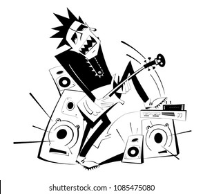 Cartoon guitar player black on white isolated illustration. Expressive guitarist plays loud music using amplifier and several speakers puts his foot one of them vector 
