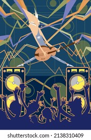 Cartoon guitar player on the concert illustration.
Funny guitarist with electric guitar performing music in front of dancing people with hands up
