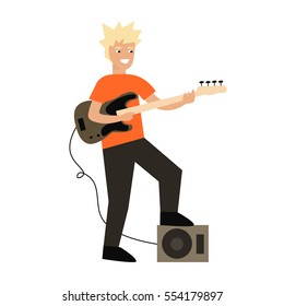 Cartoon Guitar Player Rock Band Star Electric Instrument Flat Design Style. Vector illustration